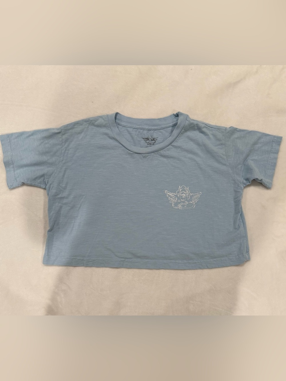 Boys Lie Light Blue Cropped Tee with Angel Chest Graphic